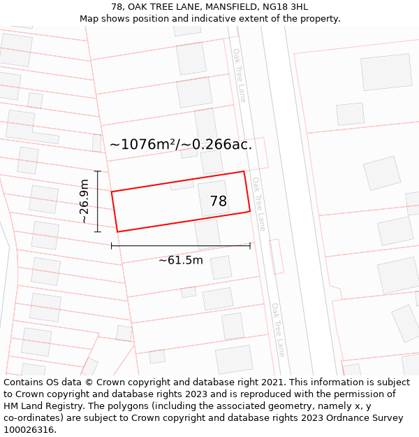 78, OAK TREE LANE, MANSFIELD, NG18 3HL: Plot and title map