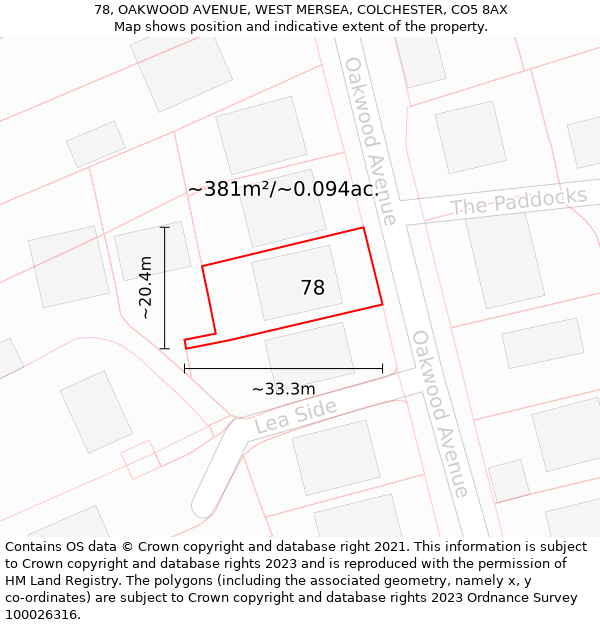 78, OAKWOOD AVENUE, WEST MERSEA, COLCHESTER, CO5 8AX: Plot and title map