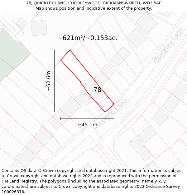 78, QUICKLEY LANE, CHORLEYWOOD, RICKMANSWORTH, WD3 5AF: Plot and title map