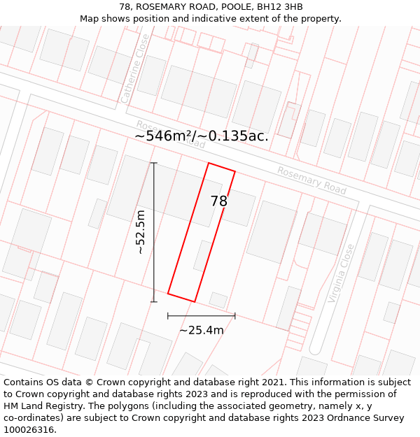 78, ROSEMARY ROAD, POOLE, BH12 3HB: Plot and title map