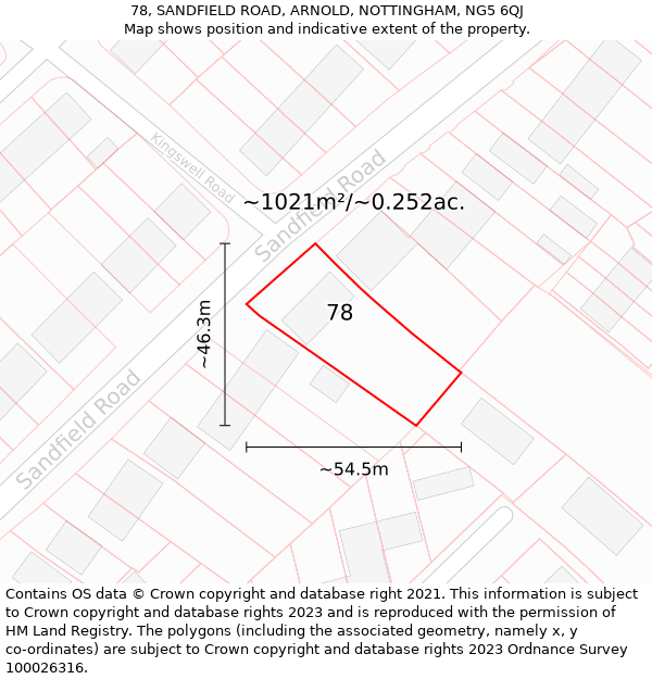 78, SANDFIELD ROAD, ARNOLD, NOTTINGHAM, NG5 6QJ: Plot and title map