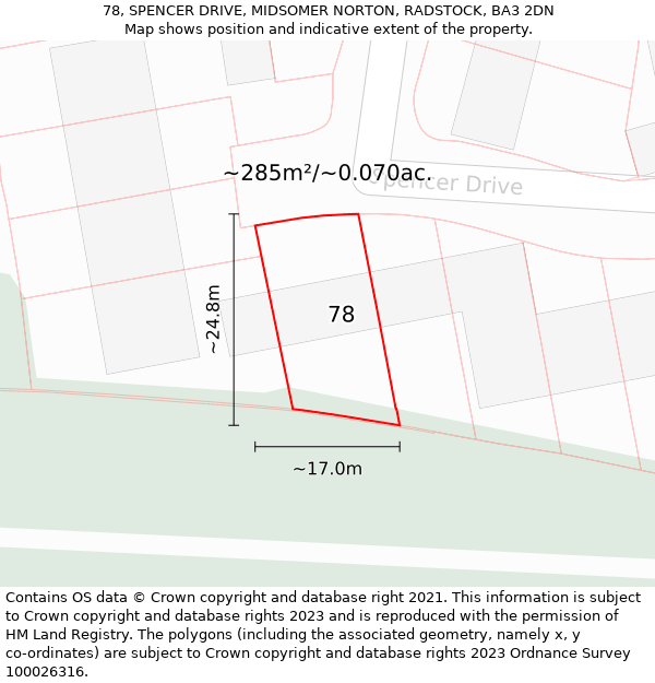 78, SPENCER DRIVE, MIDSOMER NORTON, RADSTOCK, BA3 2DN: Plot and title map