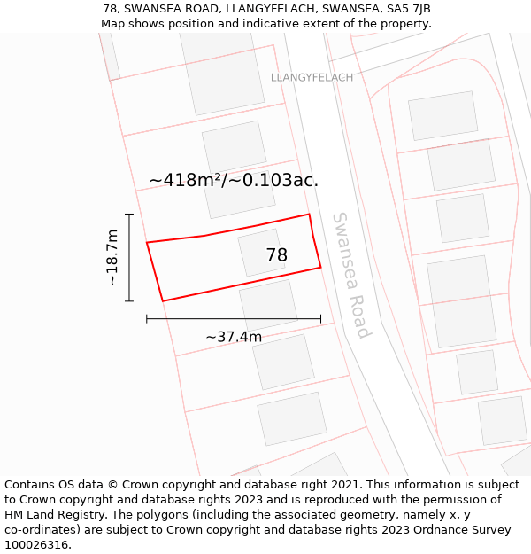 78, SWANSEA ROAD, LLANGYFELACH, SWANSEA, SA5 7JB: Plot and title map