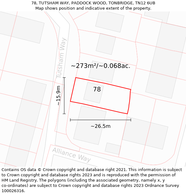 78, TUTSHAM WAY, PADDOCK WOOD, TONBRIDGE, TN12 6UB: Plot and title map