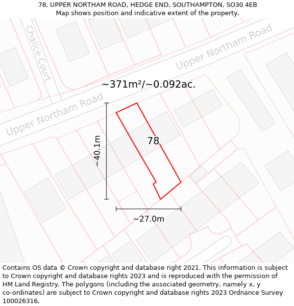 78, UPPER NORTHAM ROAD, HEDGE END, SOUTHAMPTON, SO30 4EB: Plot and title map