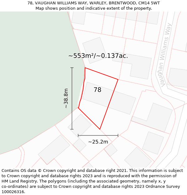 78, VAUGHAN WILLIAMS WAY, WARLEY, BRENTWOOD, CM14 5WT: Plot and title map