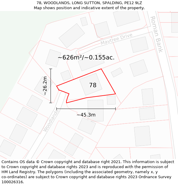 78, WOODLANDS, LONG SUTTON, SPALDING, PE12 9LZ: Plot and title map