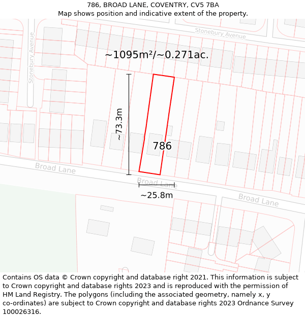 786, BROAD LANE, COVENTRY, CV5 7BA: Plot and title map