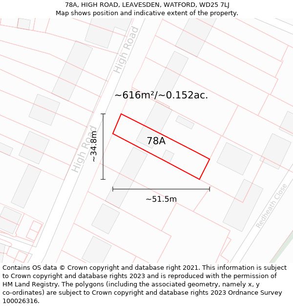 78A, HIGH ROAD, LEAVESDEN, WATFORD, WD25 7LJ: Plot and title map