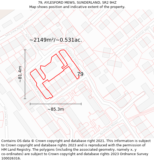 79, AYLESFORD MEWS, SUNDERLAND, SR2 9HZ: Plot and title map