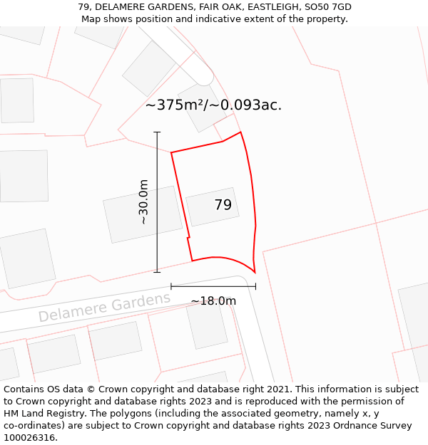 79, DELAMERE GARDENS, FAIR OAK, EASTLEIGH, SO50 7GD: Plot and title map