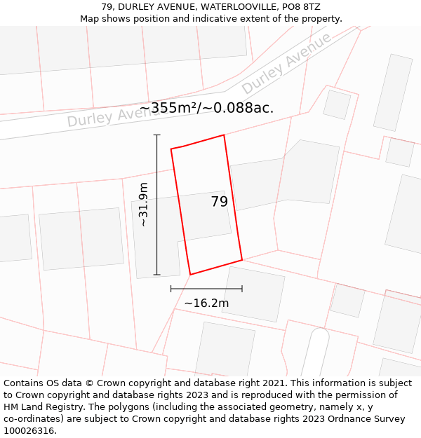 79, DURLEY AVENUE, WATERLOOVILLE, PO8 8TZ: Plot and title map