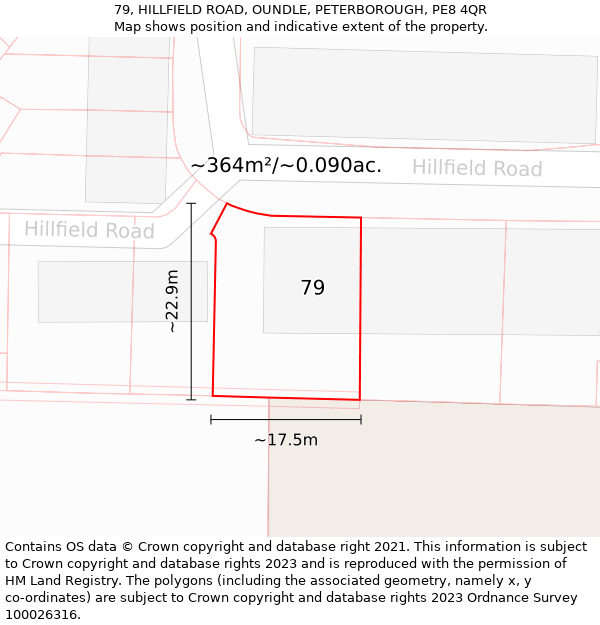 79, HILLFIELD ROAD, OUNDLE, PETERBOROUGH, PE8 4QR: Plot and title map