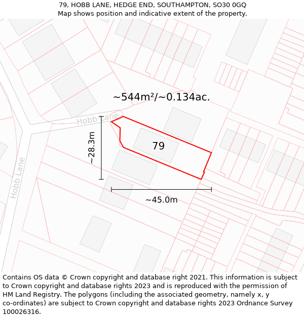 79, HOBB LANE, HEDGE END, SOUTHAMPTON, SO30 0GQ: Plot and title map