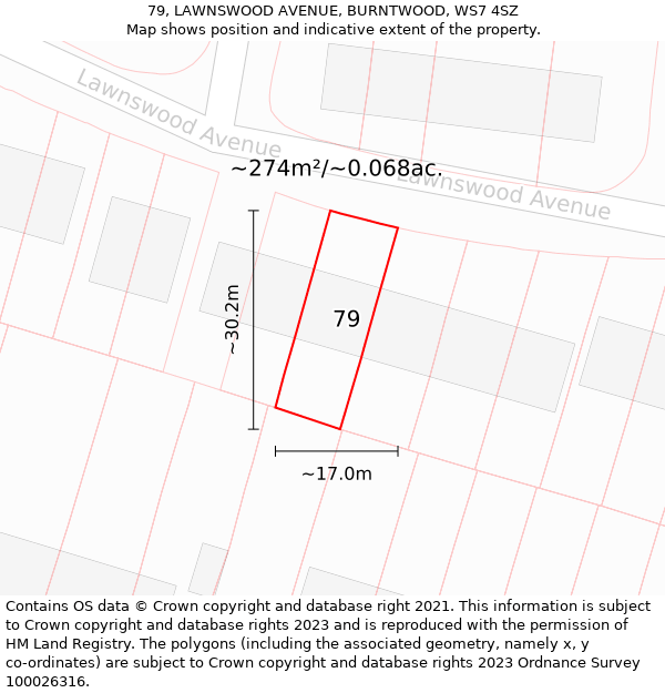 79, LAWNSWOOD AVENUE, BURNTWOOD, WS7 4SZ: Plot and title map