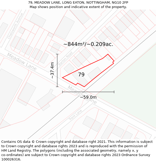 79, MEADOW LANE, LONG EATON, NOTTINGHAM, NG10 2FP: Plot and title map