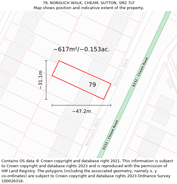 79, NONSUCH WALK, CHEAM, SUTTON, SM2 7LF: Plot and title map