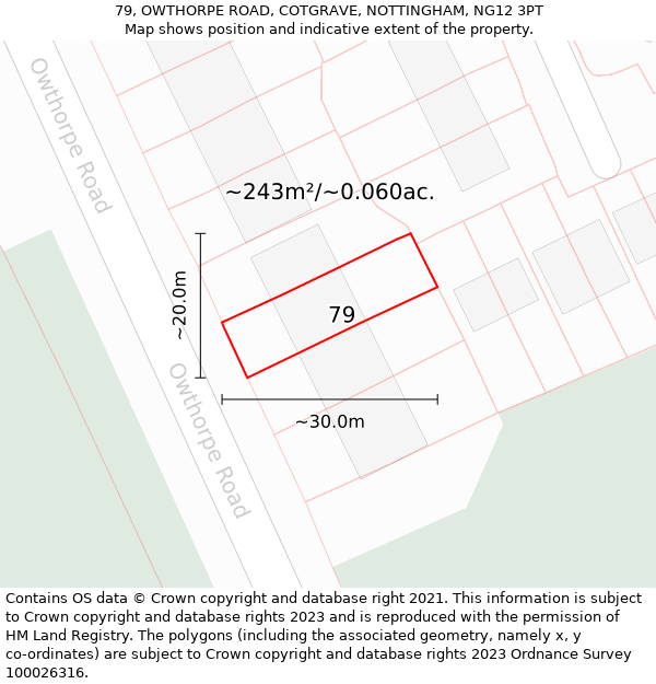 79, OWTHORPE ROAD, COTGRAVE, NOTTINGHAM, NG12 3PT: Plot and title map