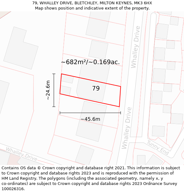 79, WHALLEY DRIVE, BLETCHLEY, MILTON KEYNES, MK3 6HX: Plot and title map