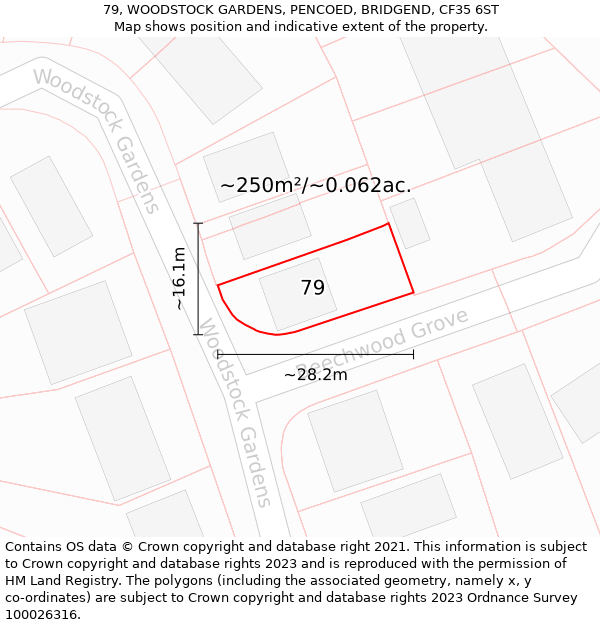 79, WOODSTOCK GARDENS, PENCOED, BRIDGEND, CF35 6ST: Plot and title map