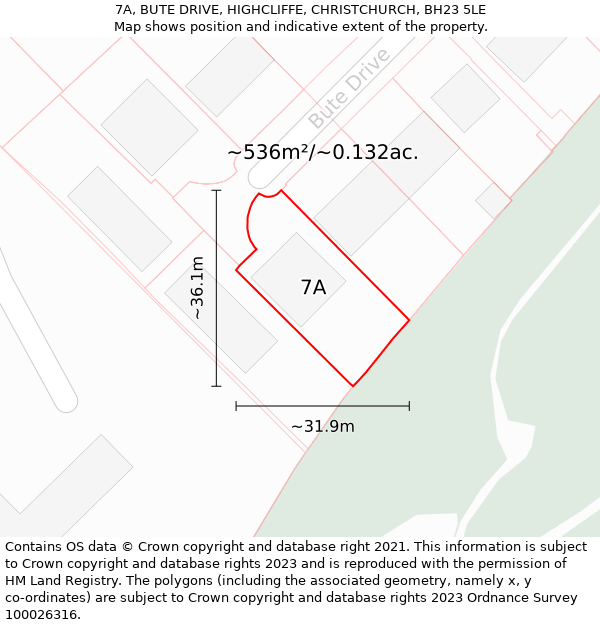 7A, BUTE DRIVE, HIGHCLIFFE, CHRISTCHURCH, BH23 5LE: Plot and title map