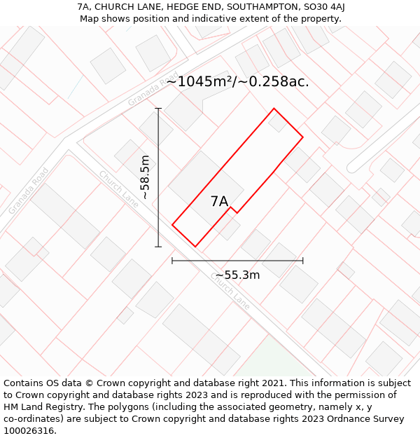 7A, CHURCH LANE, HEDGE END, SOUTHAMPTON, SO30 4AJ: Plot and title map