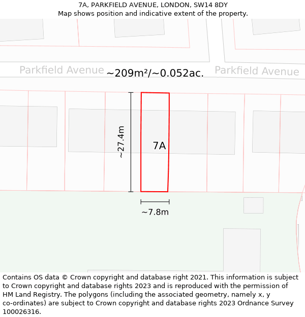 7A, PARKFIELD AVENUE, LONDON, SW14 8DY: Plot and title map