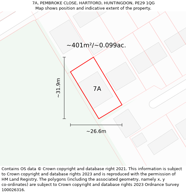 7A, PEMBROKE CLOSE, HARTFORD, HUNTINGDON, PE29 1QG: Plot and title map