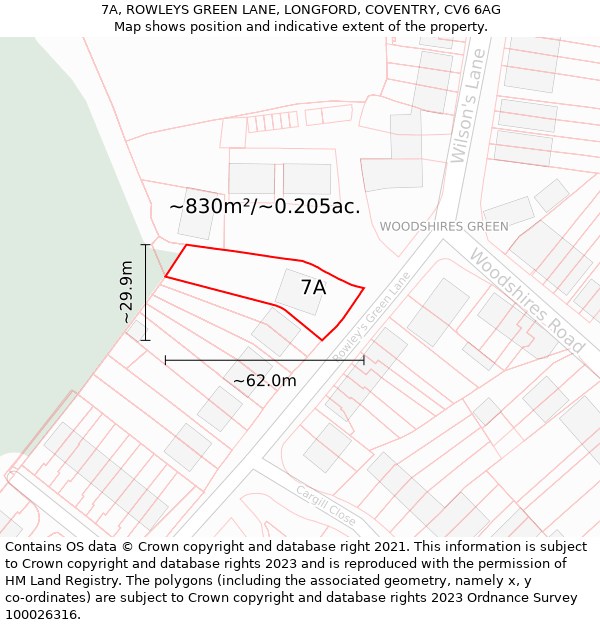 7A, ROWLEYS GREEN LANE, LONGFORD, COVENTRY, CV6 6AG: Plot and title map