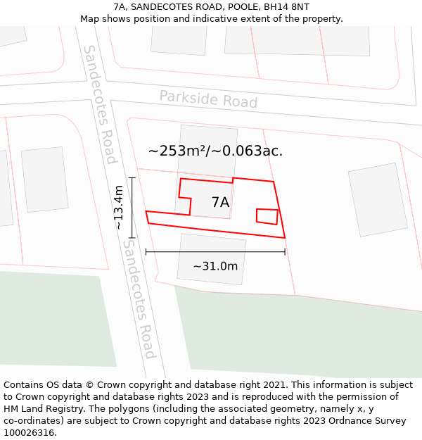 7A, SANDECOTES ROAD, POOLE, BH14 8NT: Plot and title map