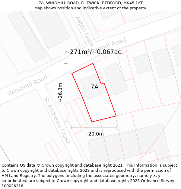 7A, WINDMILL ROAD, FLITWICK, BEDFORD, MK45 1AT: Plot and title map