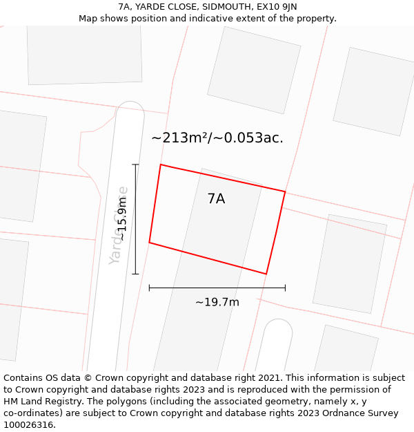 7A, YARDE CLOSE, SIDMOUTH, EX10 9JN: Plot and title map