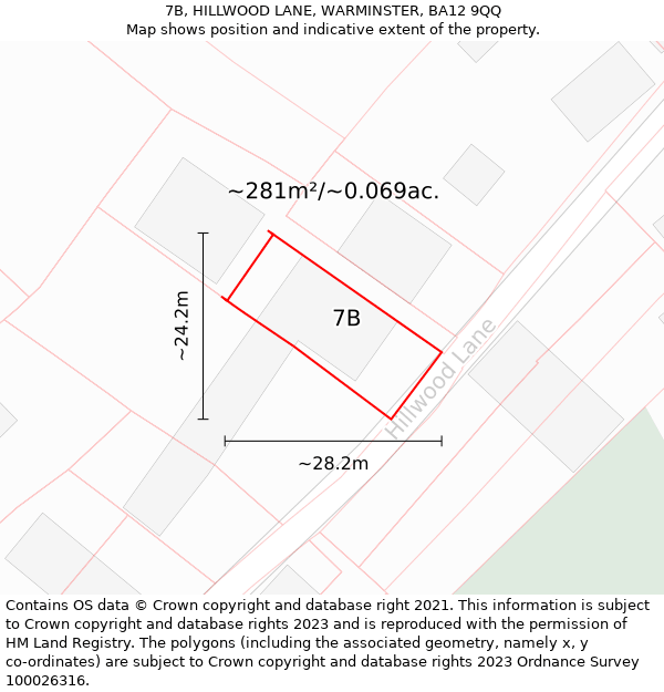 7B, HILLWOOD LANE, WARMINSTER, BA12 9QQ: Plot and title map