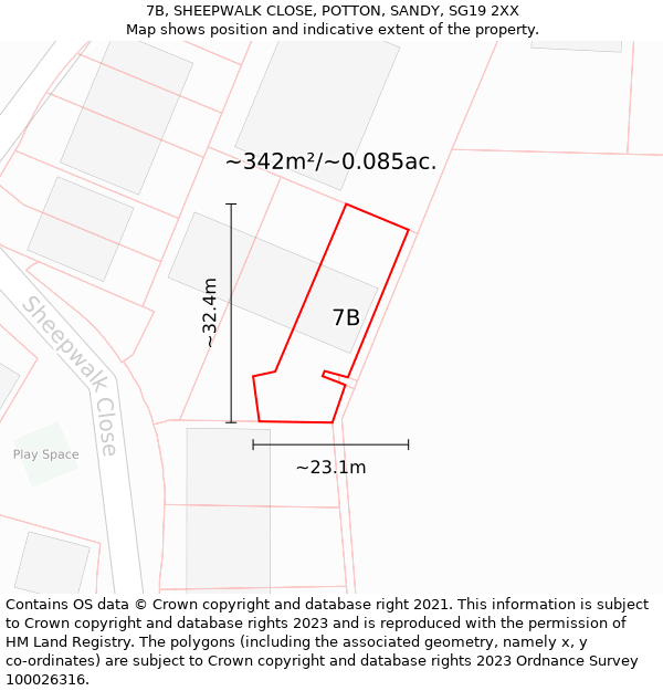 7B, SHEEPWALK CLOSE, POTTON, SANDY, SG19 2XX: Plot and title map