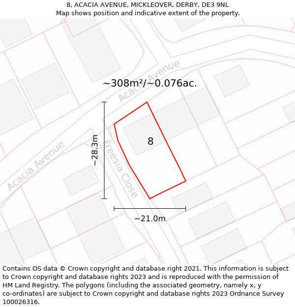 8, ACACIA AVENUE, MICKLEOVER, DERBY, DE3 9NL: Plot and title map