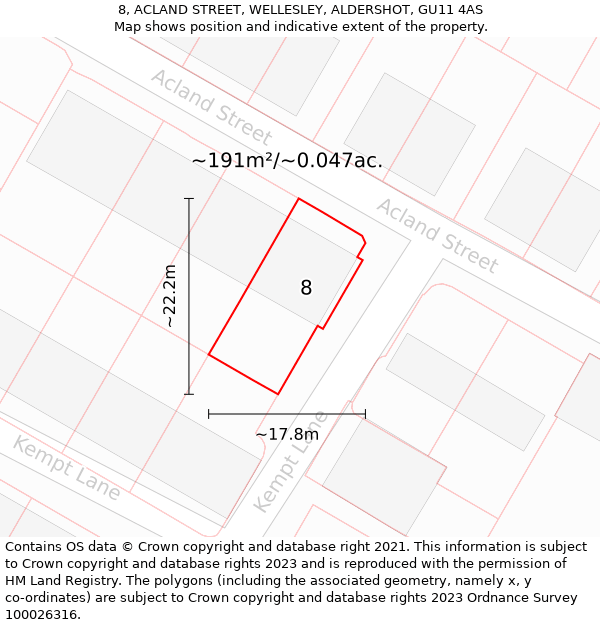 8, ACLAND STREET, WELLESLEY, ALDERSHOT, GU11 4AS: Plot and title map