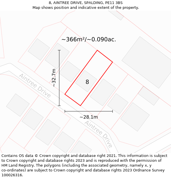 8, AINTREE DRIVE, SPALDING, PE11 3BS: Plot and title map