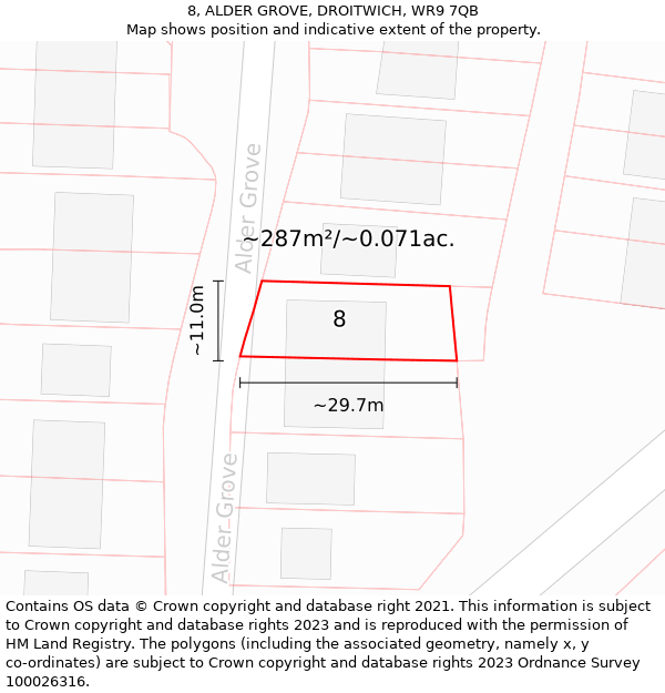 8, ALDER GROVE, DROITWICH, WR9 7QB: Plot and title map