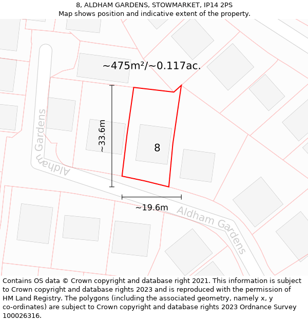 8, ALDHAM GARDENS, STOWMARKET, IP14 2PS: Plot and title map