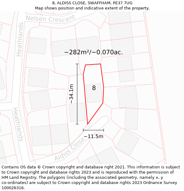 8, ALDISS CLOSE, SWAFFHAM, PE37 7UG: Plot and title map