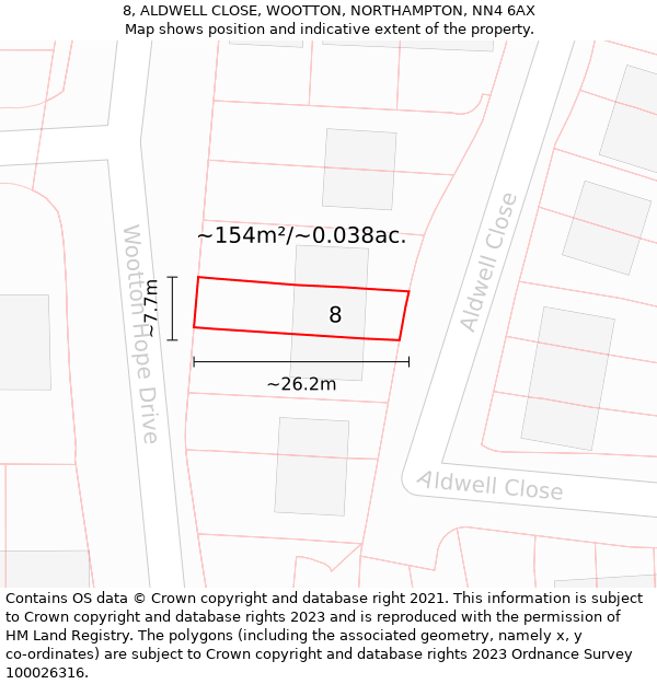 8, ALDWELL CLOSE, WOOTTON, NORTHAMPTON, NN4 6AX: Plot and title map