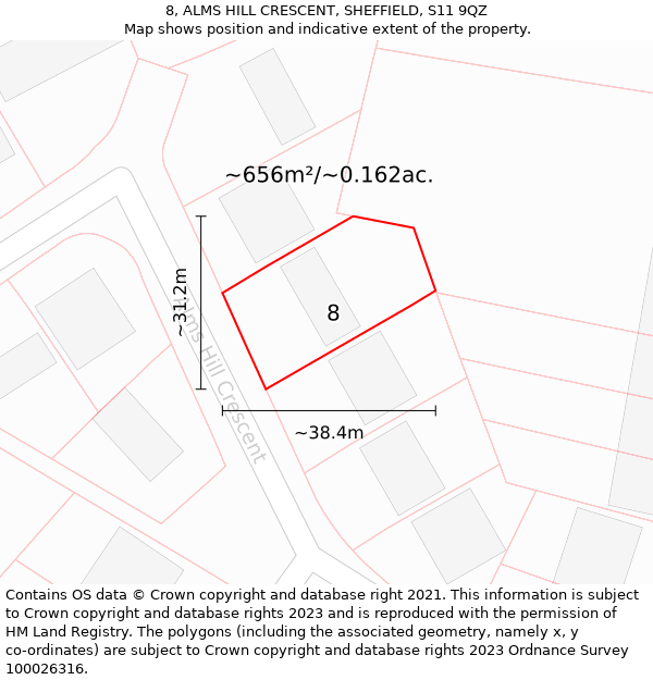 8, ALMS HILL CRESCENT, SHEFFIELD, S11 9QZ: Plot and title map