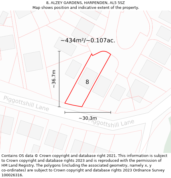 8, ALZEY GARDENS, HARPENDEN, AL5 5SZ: Plot and title map