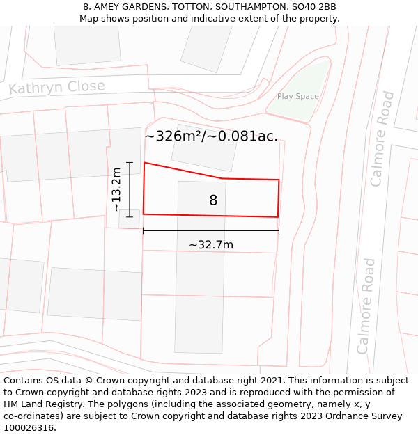 8, AMEY GARDENS, TOTTON, SOUTHAMPTON, SO40 2BB: Plot and title map