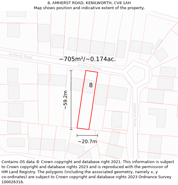 8, AMHERST ROAD, KENILWORTH, CV8 1AH: Plot and title map