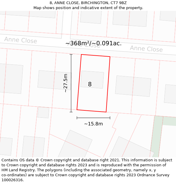 8, ANNE CLOSE, BIRCHINGTON, CT7 9BZ: Plot and title map