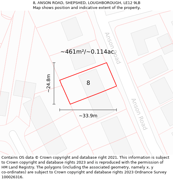 8, ANSON ROAD, SHEPSHED, LOUGHBOROUGH, LE12 9LB: Plot and title map