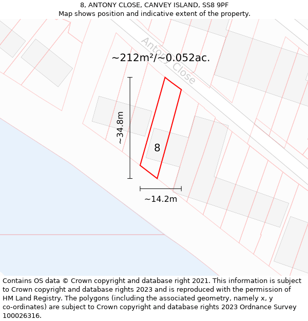 8, ANTONY CLOSE, CANVEY ISLAND, SS8 9PF: Plot and title map