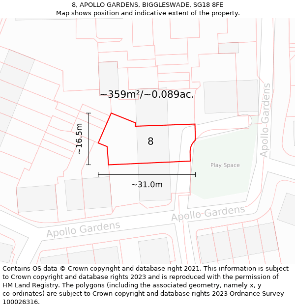 8, APOLLO GARDENS, BIGGLESWADE, SG18 8FE: Plot and title map