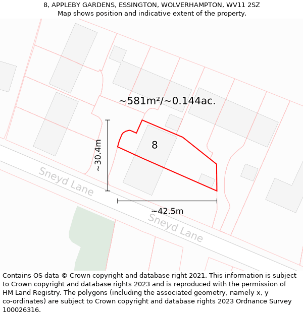 8, APPLEBY GARDENS, ESSINGTON, WOLVERHAMPTON, WV11 2SZ: Plot and title map